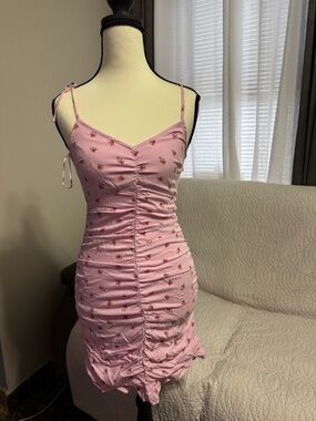 Hollister Pink Floral Ruched Tie-Shoulder Mini Dress